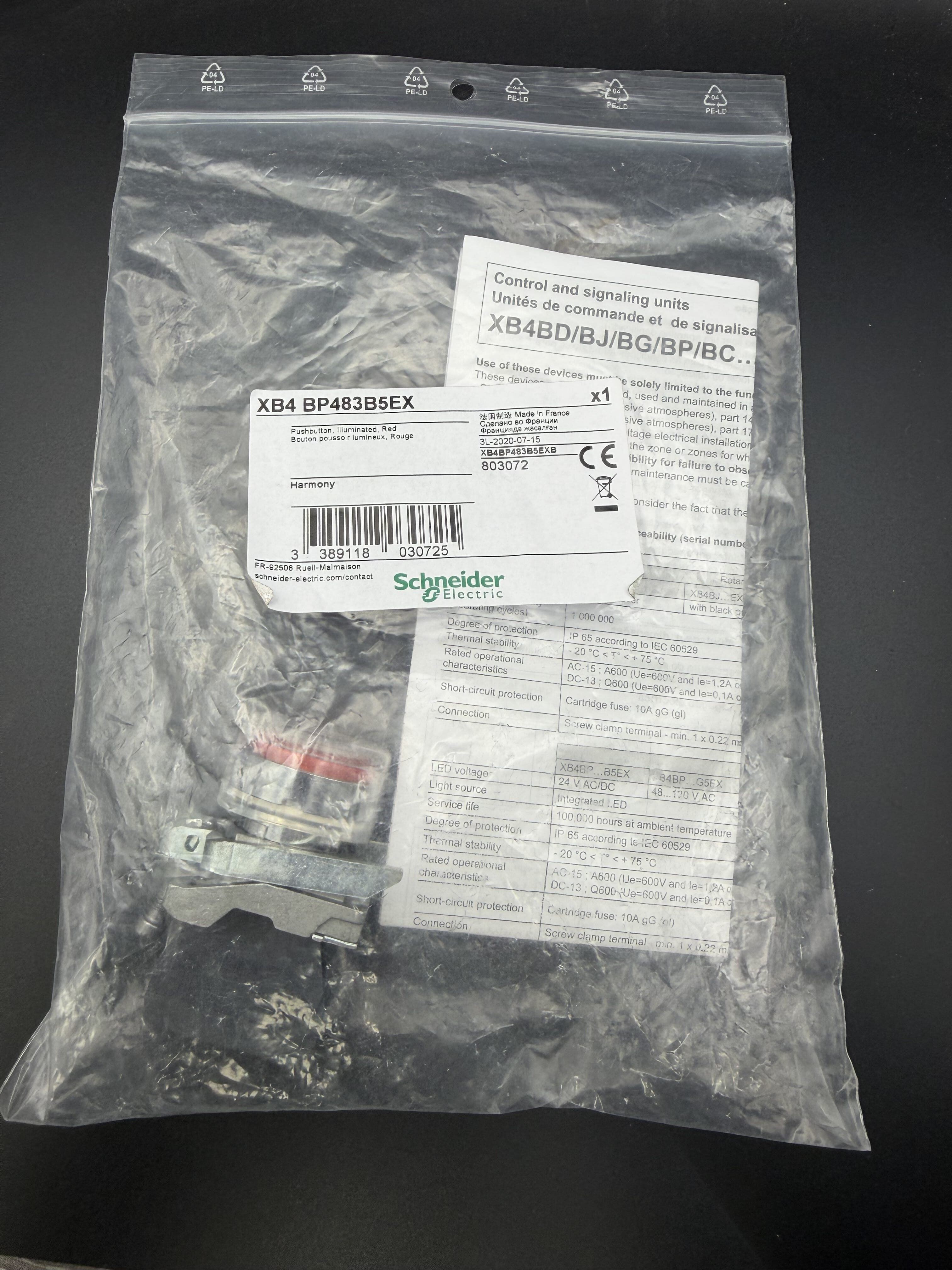 XB4BP483B5EX Schneider Electric Complete illuminated push button, Harmony XB4, metal, flush, red, Ø22 mm, spring return, booted, 24 V AC/DC, 1 NO, ATEX